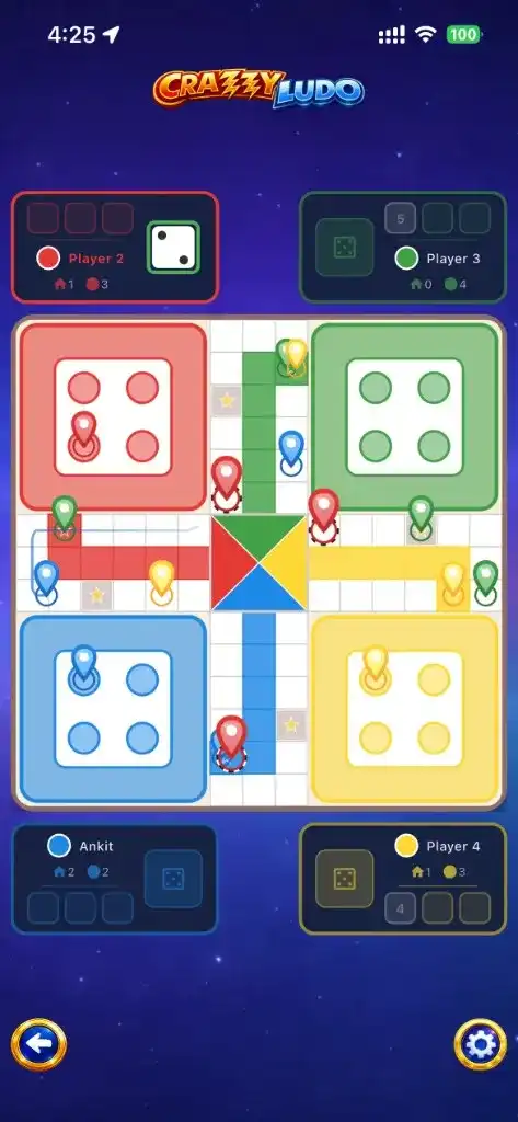 Mid-match board with all four colors moving toward home