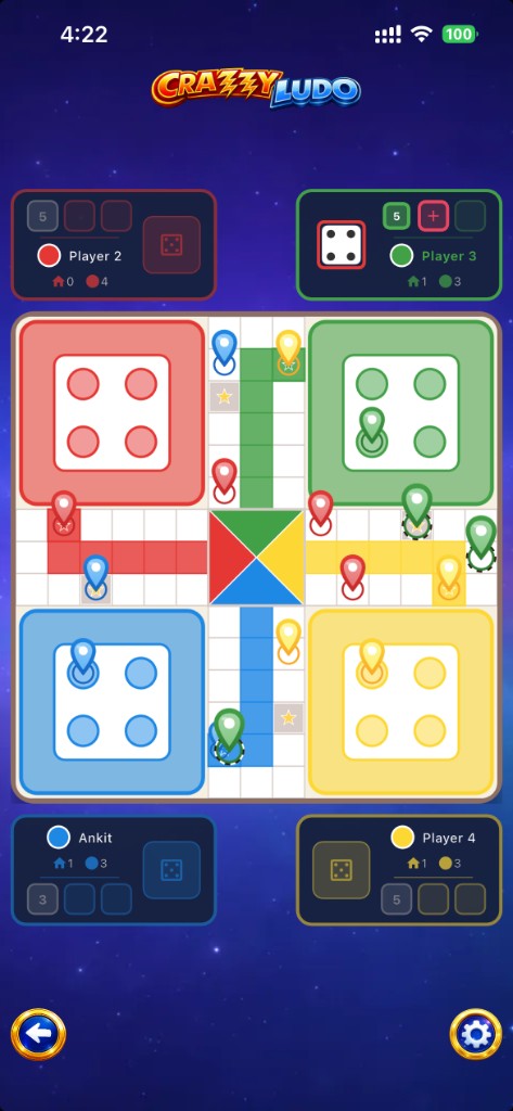 Green player corner with die, saved 5, and red plus to save another roll