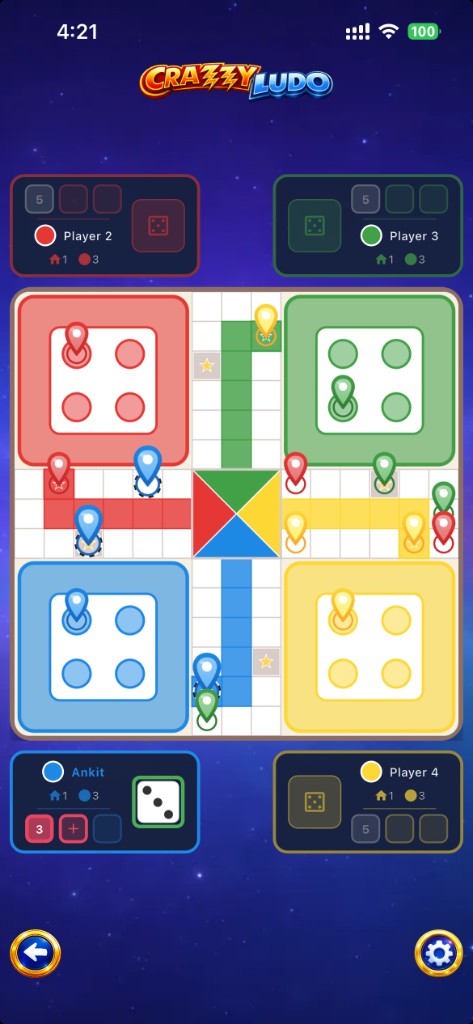 Blue player: current roll on the big die and a saved 3 in the side slots