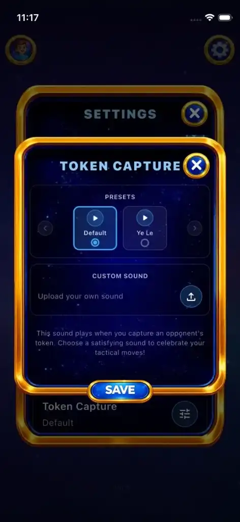 Token Capture sound settings: choose a preset or upload your own sound