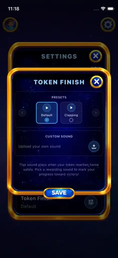 Token Finish sound settings: pick a preset or upload your own to celebrate reaching home