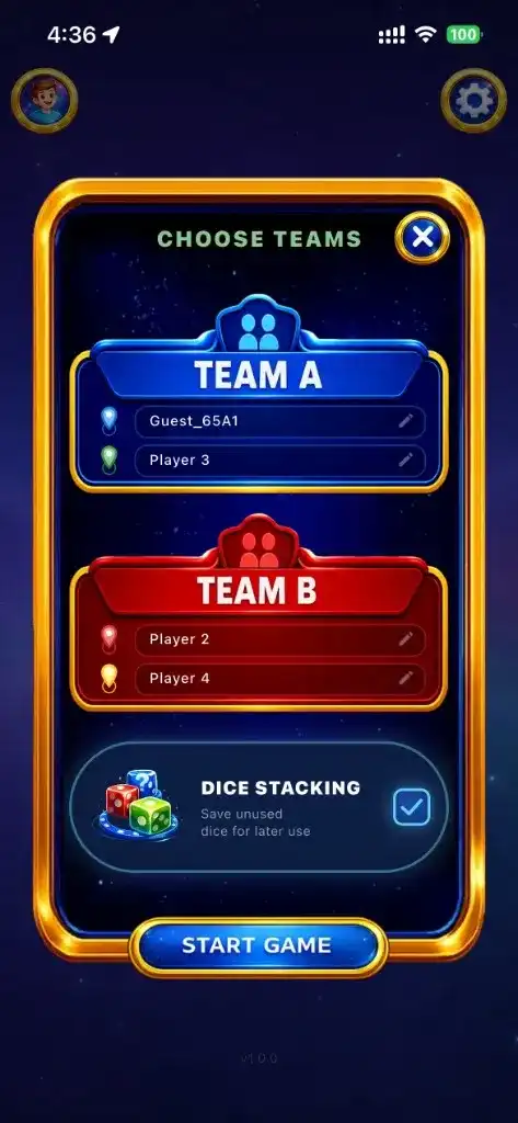 Choose Teams modal with Team A in blue and Team B in red, two players in each