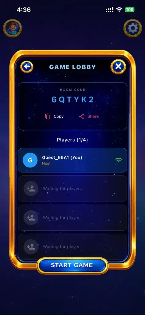 Game lobby: a six-character room code with copy and share buttons, and a list of players joining