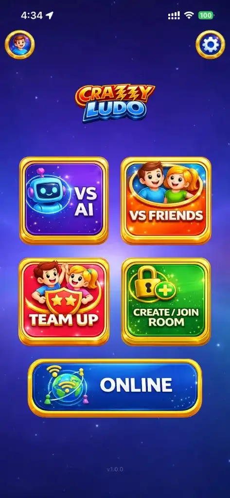 Main menu with VS AI, VS Friends, Team up, Create or join room, and Online