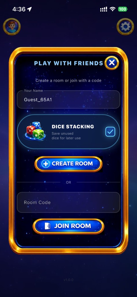 Online play: your name, create room or join with a code