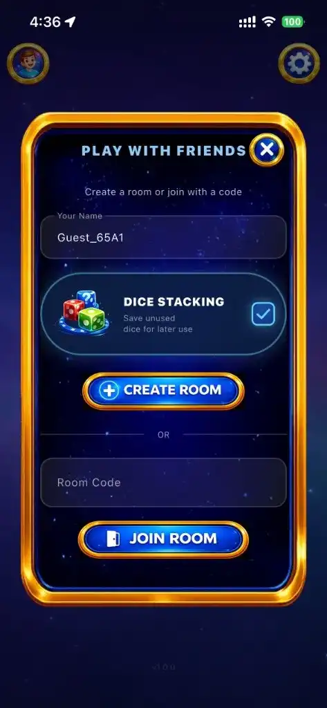 Play with friends: enter a name, toggle dice saving, then create a room or join with a code
