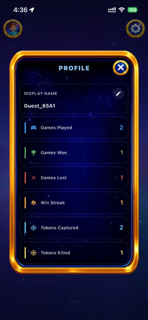 Player profile with name and game stats