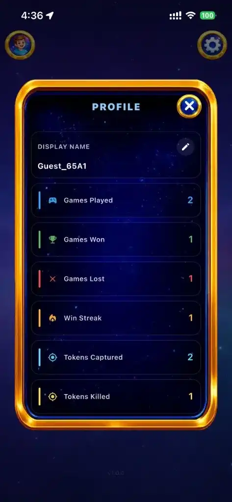 Profile screen with games played, won, lost, win streak, tokens captured, and tokens killed