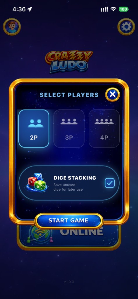 Choosing 2 to 4 players and turning dice stacking on before starting