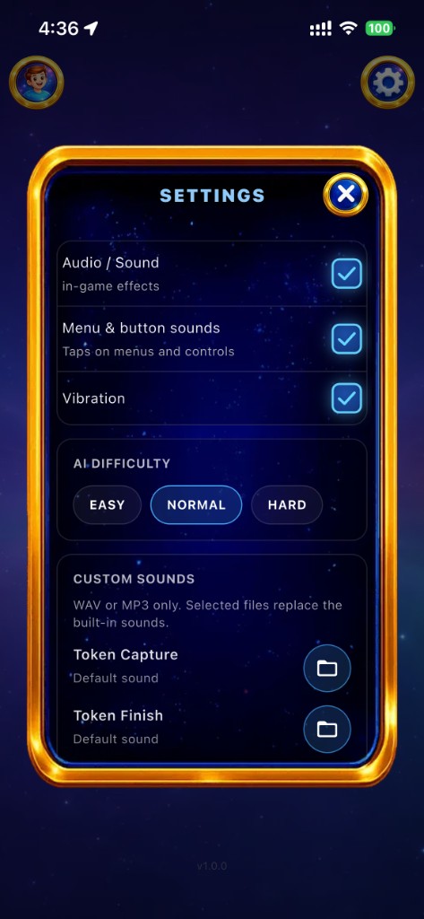 Settings: sound switches, AI difficulty, and custom capture and home sounds